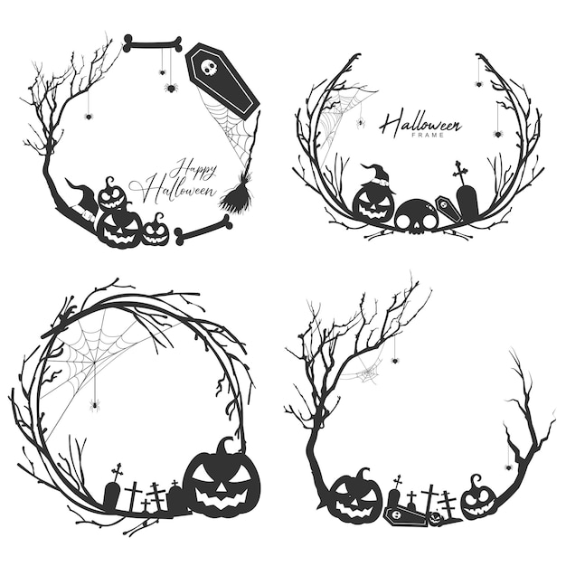 Vettore concetto di cornice circolare in bianco e nero di halloween con rami di alberi e cappello da strega