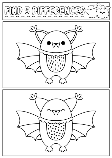 ハロウィーンの黒と白の子供向け間違い探しゲーム かわいいコウモリを使った注意スキルラインアクティビティ 面白いキャラクターの子供向けパズル 印刷可能なワークシートまたはぬりえページ