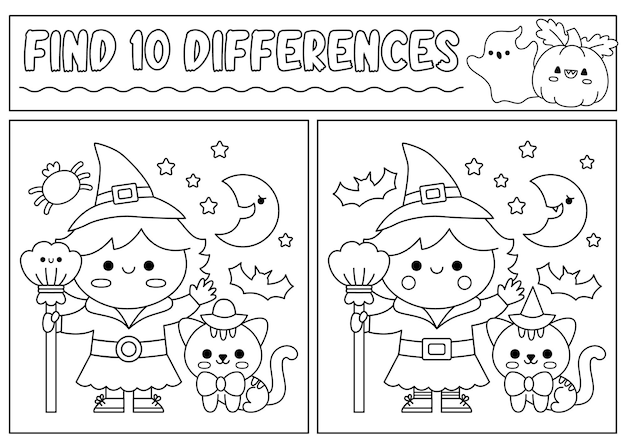 Halloween black and white find differences game for children attention skills line activity with cute witch black cat puzzle for kids or coloring page printable what is different worksheet