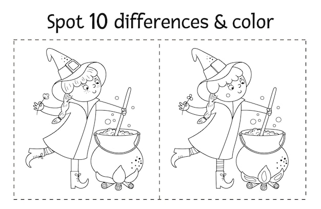 Gioco in bianco e nero delle differenze del ritrovamento di halloween per i bambini attività educativa autunnale con strega divertente, calderone, gatto. foglio di lavoro stampabile o pagina da colorare con carattere sorridente.