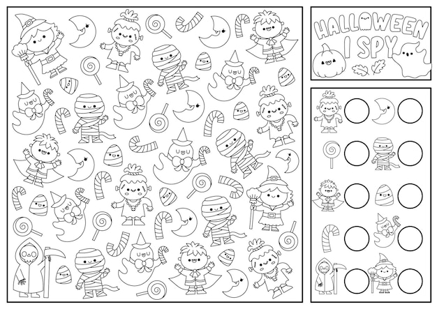 Halloween black and white i spy game for kids searching and counting activity with cute kawaii characters scary autumn printable worksheet for preschool children simple coloring page