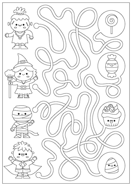 Halloween black and white maze for kids autumn holiday line preschool printable activity with cute kawaii children sweets scary labyrinth coloring page trick or treat costume party worksheet