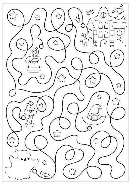 Halloween black and white maze for kids Autumn holiday preschool printable activity with cute kawaii ghost and haunted cottage Scary labyrinth coloring page All saints day worksheet