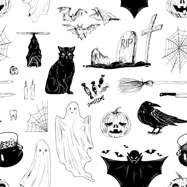 Halloween black and white seamless pattern with all saints day holiday symbols. Scary Helloween endless background for wrapping, print. Flat vector cartoon illustration isolated on white.