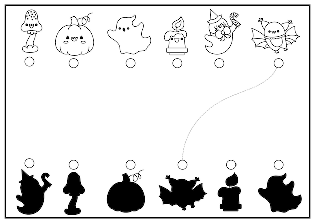 Halloween black and white shadow matching activity autumn holiday puzzle with cute kawaii symbols find correct silhouette printable worksheet all saints day coloring page for kids