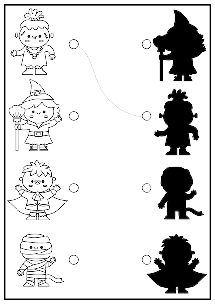 Halloween black and white shadow matching activity autumn holiday puzzle with cute kawaii witch vampire find correct silhouette printable worksheet all saints day coloring page for kids