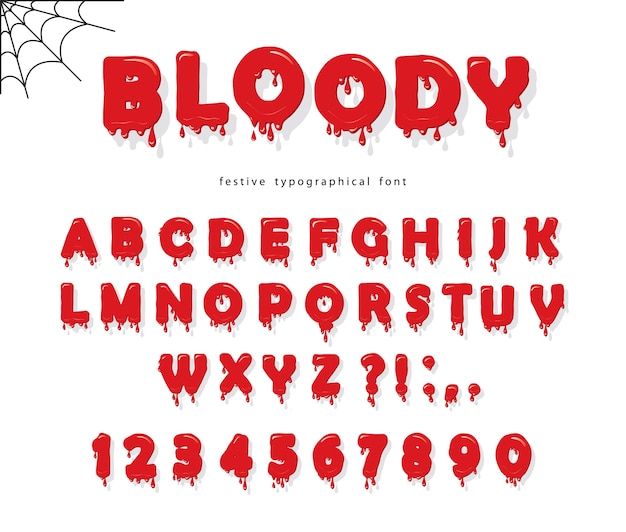 Halloween bloed lettertype. Abc rode vloeistof letters en cijfers.
