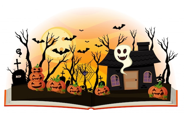 Libro di halloween con jack-o-lantern e casa stregata