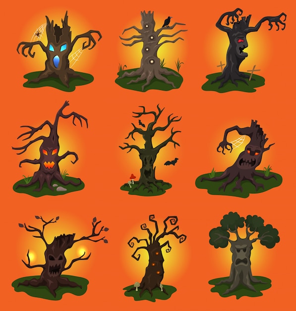 Halloween boom vector eng karakter boomtoppen van horror in griezelige bos illustratie set