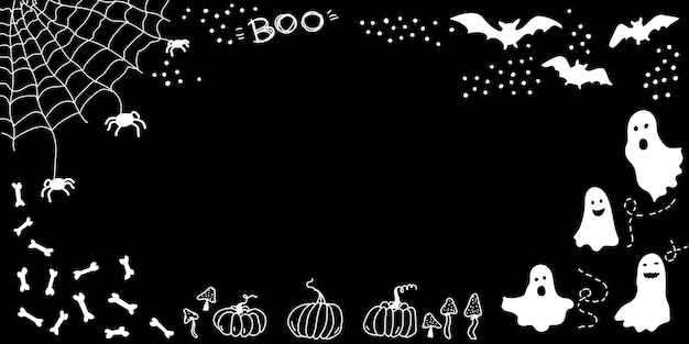 Halloween borfer Pumpkins bats spiders ghosts mushrooms and bones Doodle frame