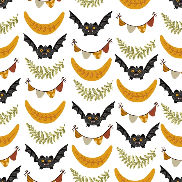 Halloween bunting fern leaf bat moon vector seamless pattern Halloween Flags Garland texture Spooky