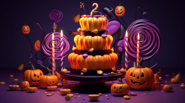 Vector a halloween cake with a pumpkin on it and a candle in the middle