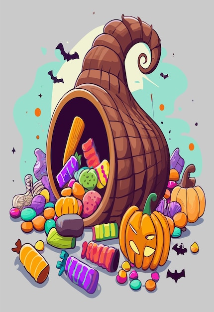 Progettazione 2d di clipart vettoriali di cornucopia di caramelle di halloween