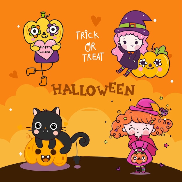 Halloween card Cute children in Halloween costumes Vector illustration
