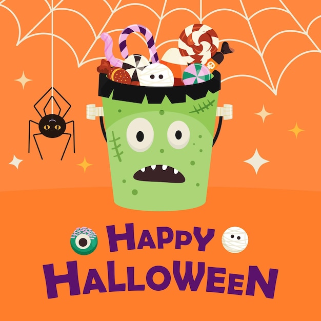 Design della carta di halloween con secchio frankenstein pieno di dolci, caramelle e dessert modello di design da cartolina arancione con un simpatico ragno divertente sul web