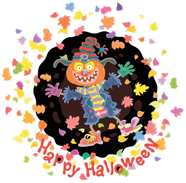 Halloween card of a funny scarecrow with a pumpkin had among flying autumn leaves on a dark night