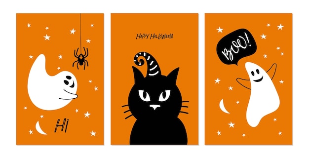 Halloween card set. Baby cards collection. Three cards with nice good-natured white ghosts