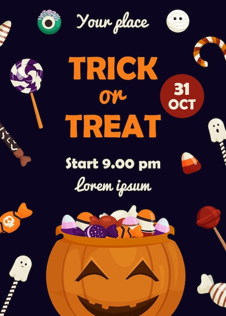 Vector halloween card with bag of pumpkin a bucket of sweets trick or treat party invitation postcard october holiday night placard vertical halloween themed background with candy
