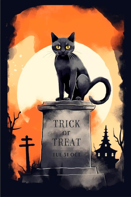 Carta di halloween con gatto nero seduto sulla tomba