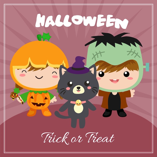 Halloween card with costume kids