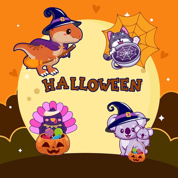 Halloween card with cute cartoon characters Vector illustration for your design