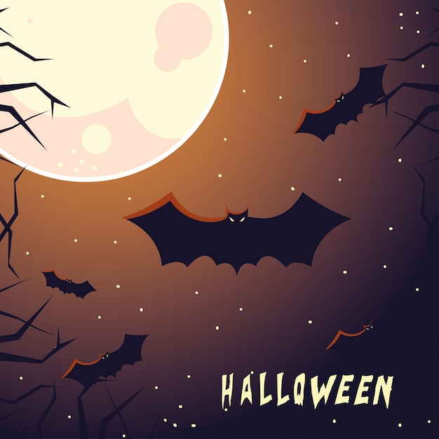 Carta di halloween con la luna piena e il disegno dell'illustrazione dei pipistrelli