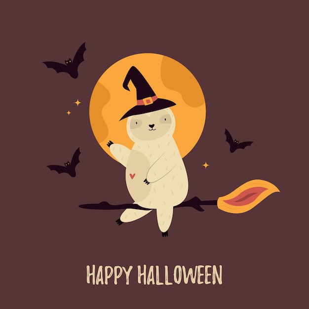 Halloween card with funny sloth on a witch broom