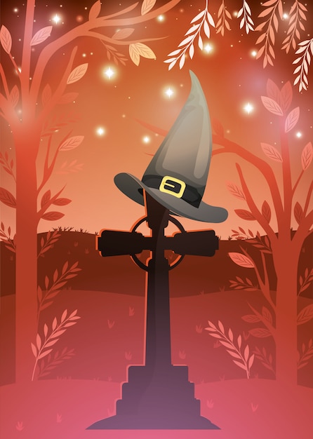 Halloween card with graveyard and witch hat scene