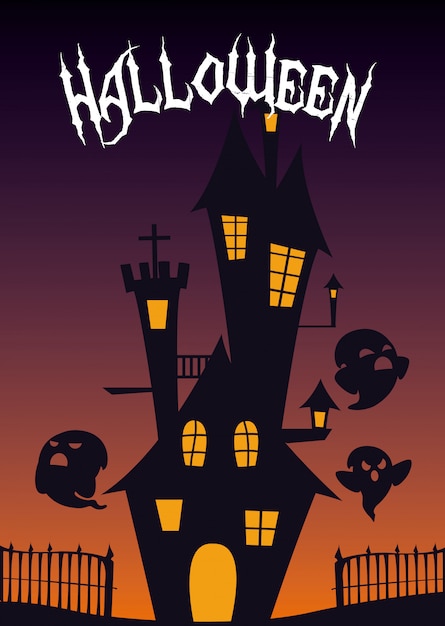 Открытка на Хэллоуин с замком с привидениями