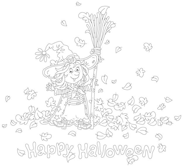 Biglietto di halloween con una piccola strega che tiene in mano una magica scopa volante tra foglie autunnali volanti