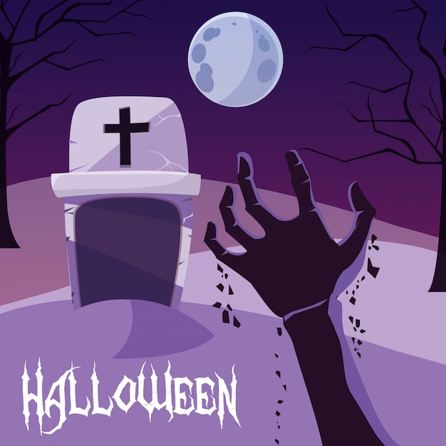 Halloween card with night cemetery scene