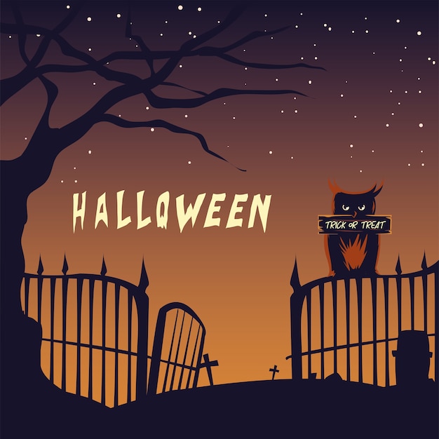 Scheda di halloween con il gufo nel disegno dell'illustrazione del cimitero