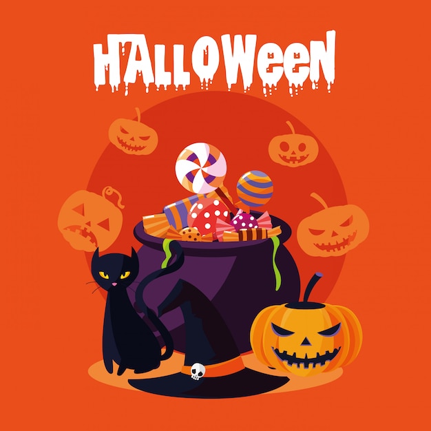 Halloween card with witch cauldron
