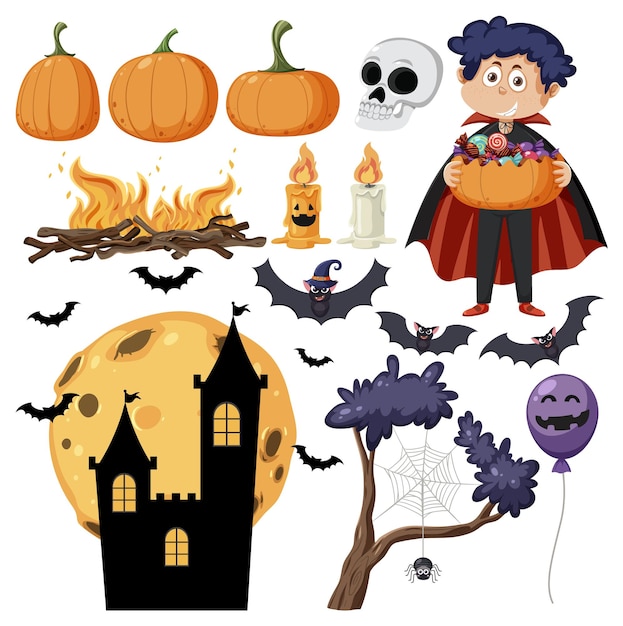 Halloween cartoon character and elements set