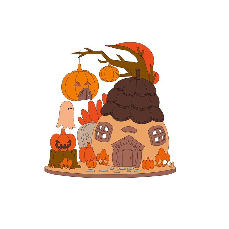 Halloween Cartoon Cute House Stump Illustration Pumpkin Lantern Clip Art Pattern