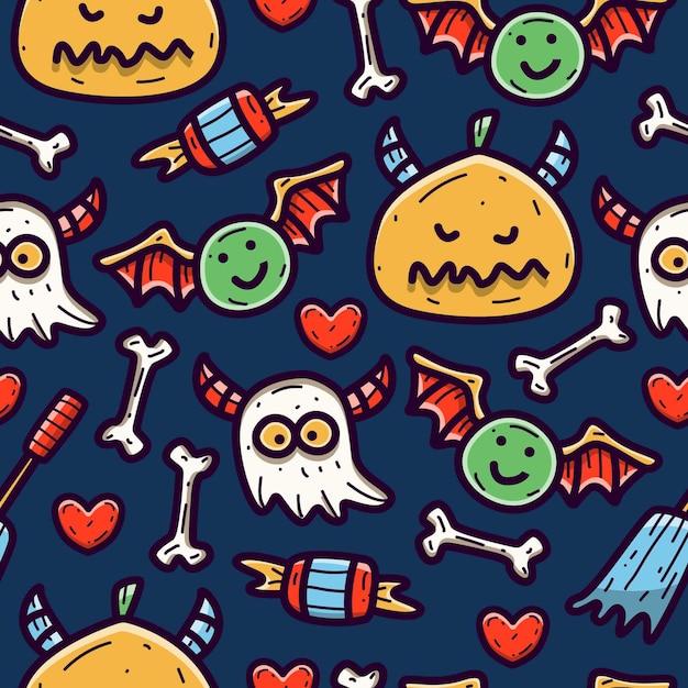 Halloween cartoon doodle seamless pattern 