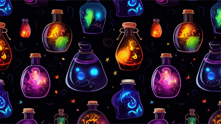 Vector halloween cartoon magic potion seamless pattern