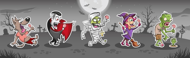 Halloween cartoon monsters stickers set werewolf vampire mummy witch zombie holding lollipops
