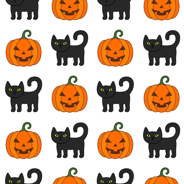 ハロウィーンの漫画のシームレスなパターン黒猫オレンジ色のカボチャ