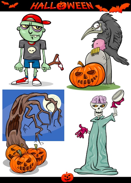 Halloween cartoon spooky themes set