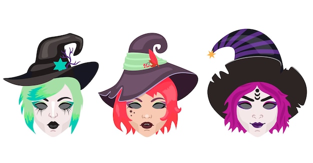 Halloween cartoon witches vector set Witch wearing typical witch hat Face painting witch makeup Pretty sorceress illustration set October holiday celebration Vector Halloween costume elements