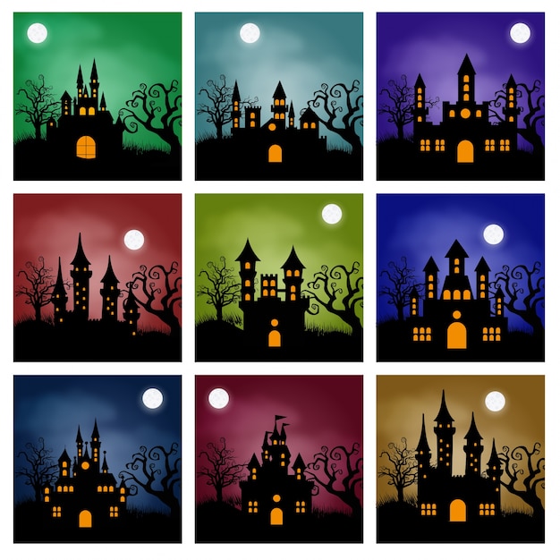 Halloween castel achtergrond met pompoen, spookhuis en volle maan.