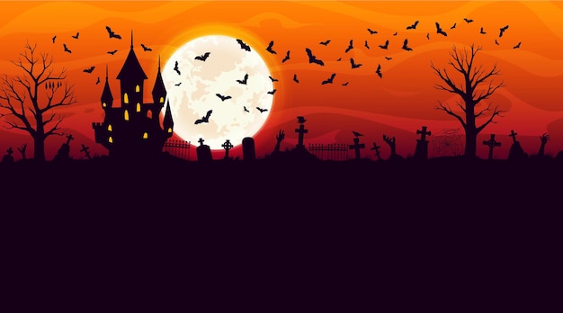 Vector halloween castle and cemetery silhouette with zombie hands and flying bats halloween horror holiday vector banner haunted house full moon spooky trees and tombstones on midnight sky background