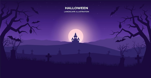 Halloween castle and headstones silhouette silhouette landscape panoramic illustration