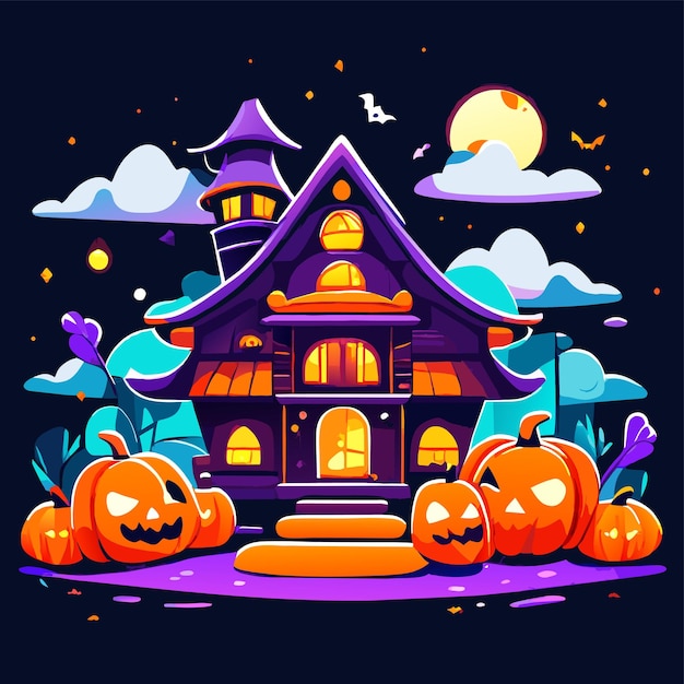 Vector halloween castle house pumpkin bat hand drawn flat stylish cartoon sticker icon concept isolated