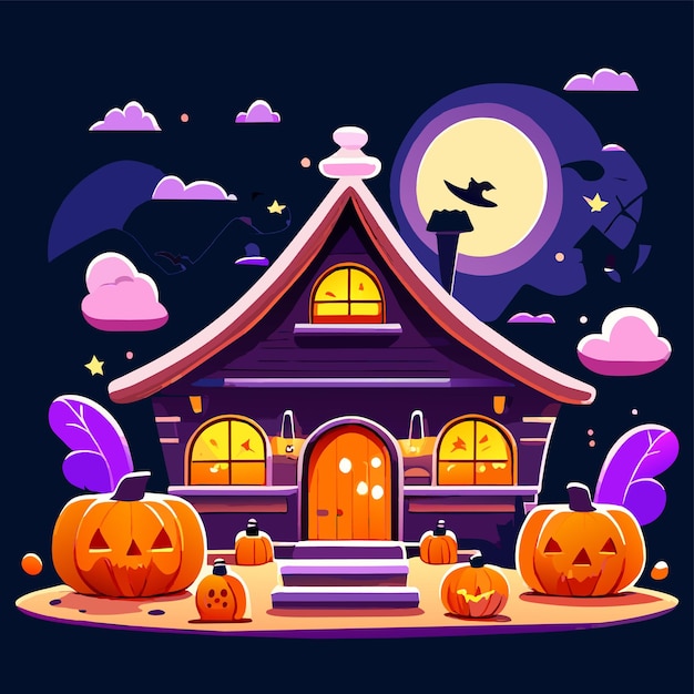 Vector halloween castle house pumpkin bat hand drawn flat stylish cartoon sticker icon concept isolated