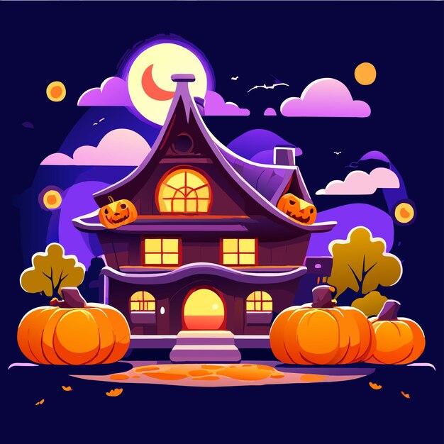 Vector halloween castle house pumpkin bat hand drawn flat stylish cartoon sticker icon concept isolated