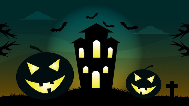 Illustrazione del castello di halloween con disegno di sfondo vettoriale di zucche