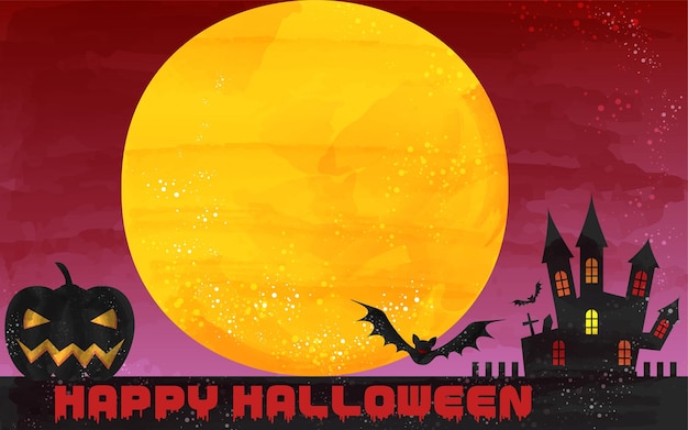 ハロウィンの城と月夜のイラスト 水彩風グランジ