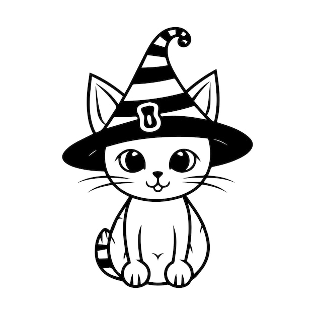 Хэллоуин кот для раскраски. Линейный арт-дизайн для детей. Раскраска. Контур мультфильма.